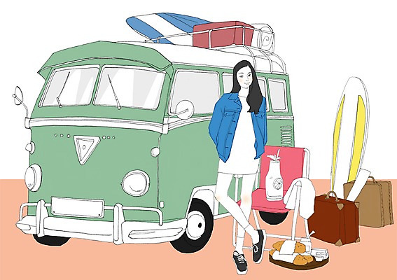 PSD 여자 음식 여행 이동 의자 일러스트 자동차 한명 사람 성인 캠핑 서핑보드 보드 캠핑카 여자만 여자한명만 성인여자만 성인만 국내일러스트 1 육상교통 스포츠 가구 컨셉 레저 보드_스포츠 파일형식