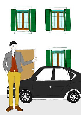 PSD 남자 이동 일러스트 자동차 주택 한명 사람 성인 야외 건물 집앞 남자만 남자한명만 성인남자만 성인만 국내일러스트 1 건축물 육상교통 컨셉 파일형식