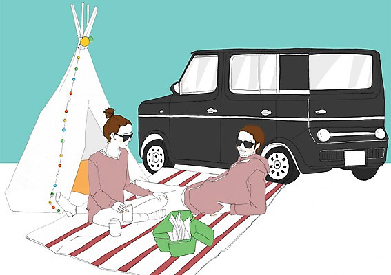 PSD 커플 여자 남자 여유 이동 일러스트 자동차 휴식 텐트 사람 성인 두명 선글라스 소풍 돗자리 성인만 국내일러스트 감정 안경 육상교통 컨셉 관계 캠핑도구 야외활동 파일형식