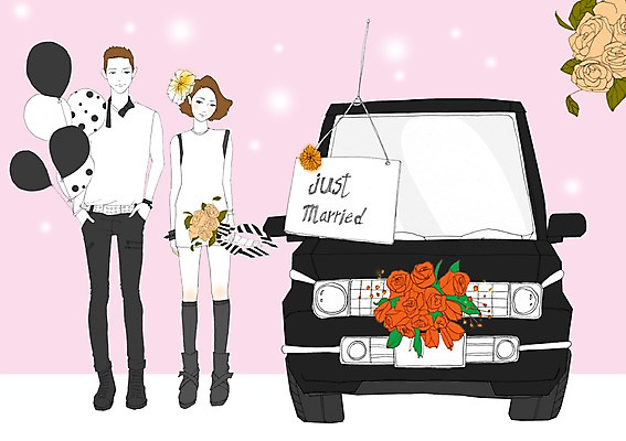 PSD 식물 커플 여자 남자 꽃 결혼 이동 일러스트 신혼부부 자동차 사람 성인 두명 신혼여행 풍선 웨딩카 성인만 국내일러스트 부부 육상교통 컨셉 관계 이벤트 신혼 파일형식