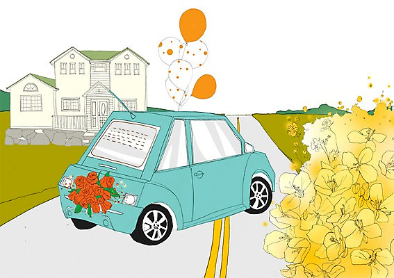 PSD 식물 꽃 도로 이동 일러스트 자동차 주택 사람없음 야외 신혼여행 풍선 웨딩카 국내일러스트 길 육상교통 결혼 컨셉 교통시설 건물 파일형식