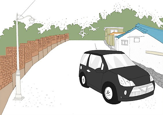 주간 PSD 도로 이동 일러스트 자동차 주택 사람없음 야외 담장 골목길 국내일러스트 자연요소 길 육상교통 컨셉 교통시설 건물 파일형식