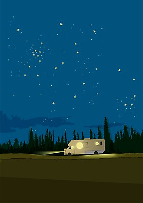 PSD 여행 이동 일러스트 자동차 밤하늘 풍경 사람없음 야외 캠핑 운전 광선 야간 캠핑카 국내일러스트 자연요소 육상교통 컨셉 모션 하늘 레저 파일형식