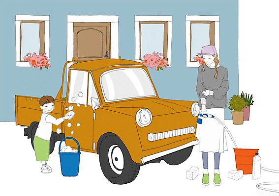 PSD 식물 여자 남자 꽃 화분 어린이 이동 일러스트 창문 자동차 주택 사람 성인 바구니 문 청소 세제 호스 세차 집앞 국내일러스트 모자관계 아들 육상교통 컨셉 가족 엄마 건물 파일형식