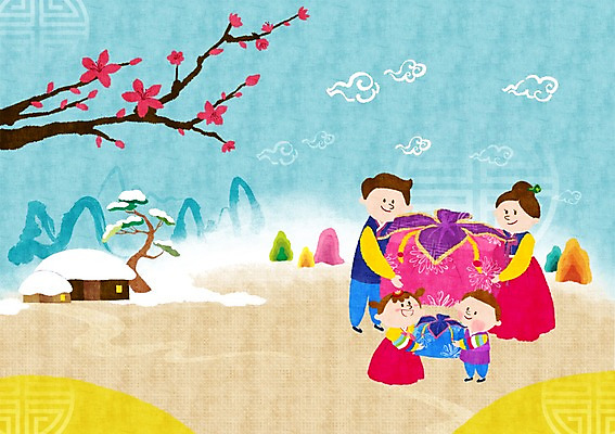 PSD 나무 식물 여자 남자 꽃 어린이 백그라운드 일러스트 가족 새해 산 함께함 초가집 선물 사람 여러명 성인 화목 한복 새해선물 국내일러스트 한국전통 다수 컨셉 관계 한옥 전통의상 파일형식 명절선물