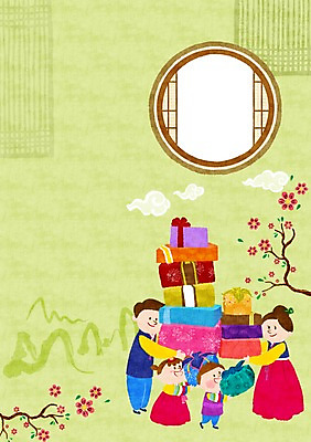 PSD 나무 식물 여자 남자 꽃 어린이 백그라운드 일러스트 가족 새해 함께함 선물 사람 여러명 성인 화목 한복 새해선물 국내일러스트 한국전통 다수 컨셉 관계 전통의상 파일형식 명절선물