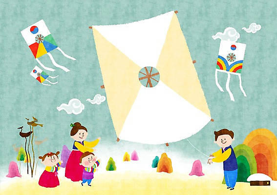 PSD 구름 여자 남자 어린이 백그라운드 일러스트 가족 새해 산 함께함 선물 사람 여러명 성인 화목 한복 연 연날리기 새해선물 국내일러스트 자연요소 한국전통 다수 컨셉 관계 놀이용품 전통놀이 전통의상 파일형식 명절선물