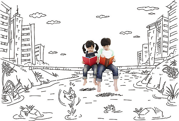 편집 편집이미지 여자 어린이교육 남자 어린이 백그라운드 포토일러 하늘 어류 들기 사람 앉기 동양인 소녀 소년 두명 건물 책 친구 독서 한국인 읽기 디지털합성 합성 어린이만 이미지편집 AI파일 건축물 교육 관계 모션 인종 수중동물 파일형식 벡터