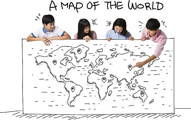 편집 편집이미지 학생 여자 남자 여행 백그라운드 지도 청소년 포토일러 사람 동양인 손짓 여러명 상반신 한국인 가리킴 디지털합성 합성 십대만 이미지편집 AI파일 다수 모션 인종 파일형식 벡터