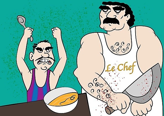 EPS 해외이미지 음식 일러스트 가로 식당 요리사 유머 수프 가난 만화 고객 서비스 공격적 어려움 위생관리 해외202004 해외일러스트 직업 감정 컨셉 관리 상점 파일형식 벡터 이미지허브