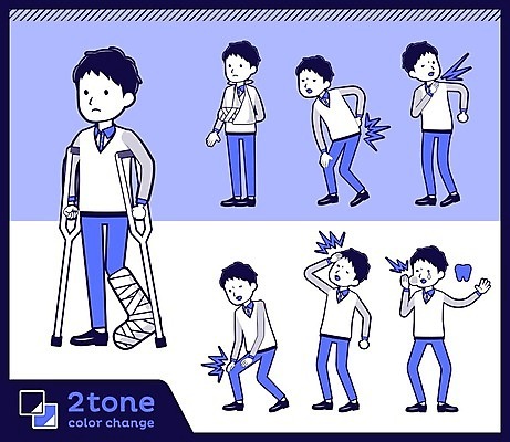 EPS 해외이미지 전신 남자 일러스트 건강 여러명 성인 파란색 세트 고통 종업원 직원 허리디스크 목발 판매원 깁스 무릎통증 사랑니 어깨통증 성인남자만 해외202004 해외일러스트 직업 감정 컬러 다수 의료기기 사람 디스크_질병 의료용품 질병 남자만 성인만 파일형식 벡터 이미지허브