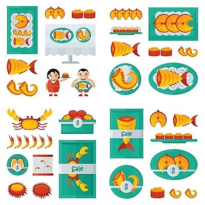 EPS 해외이미지 동물 디자인 바다 컨셉 일러스트 조개 새우 어류 파란색 갈색 게 흰색 신선 시장 만화 수집 달팽이 고립 해외202004 해외일러스트 컬러 어패류 연체동물 갑각류 수중동물 파일형식 벡터 이미지허브