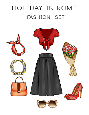 JPG 해외이미지 패션 꽃다발 상의 일러스트 팔찌 사람없음 선글라스 핸드백 머리띠 하이힐 엘리먼트 플리츠스커트 해외일러스트 옷 꽃 안경 구두 가방 장신구 치마 여성화 파일형식 이미지허브