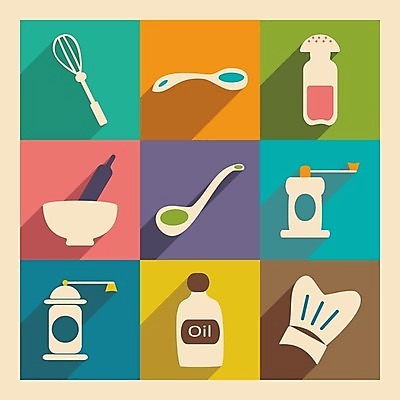 EPS 해외이미지 일러스트 주방용품 요리사모자 사람없음 세트 컬러풀 사발 기름 국자 심플 소금 거품기 그라인더 소금통 해외202004 해외일러스트 모자_잡화 음식 컬러 생활용품 요리사 사기그릇 커피용품 파일형식 벡터 이미지허브