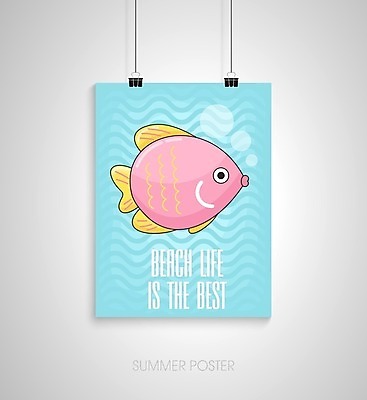 EPS 해외이미지 한마리 디자인 포스터 분홍색 하늘색 일러스트 매달리기 어류 타이포그라피 사람없음 서류집게 해외202004 해외일러스트 문자 1 컬러 모션 집게 파란색 수중동물 파일형식 벡터 이미지허브