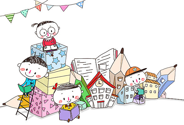 PSD 학생 여자 교육 남자 어린이 일러스트 사다리 학교 함께함 사람 여러명 건물 책 독서 연필 즐거움 어린이만 국내일러스트 건축물 감정 다수 컨셉 학용품 필기구 도구 파일형식