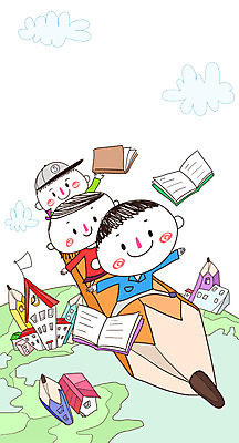 PSD 학생 여자 교육 남자 어린이 일러스트 학교 함께함 사람 건물 책 세명 연필 비행 즐거움 어린이만 국내일러스트 건축물 감정 컨셉 학용품 필기구 파일형식