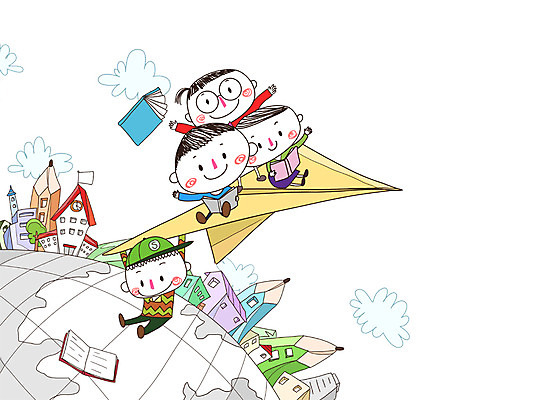 PSD 학생 여자 교육 남자 어린이 일러스트 학교 함께함 사람 여러명 건물 책 독서 연필 비행 종이비행기 즐거움 어린이만 국내일러스트 건축물 감정 다수 컨셉 학용품 필기구 종이접기 파일형식