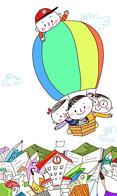 PSD 학생 여자 교육 남자 어린이 일러스트 학교 산 함께함 사람 여러명 건물 책 연필 열기구 비행 즐거움 어린이만 국내일러스트 건축물 감정 다수 컨셉 항공교통 학용품 필기구 파일형식