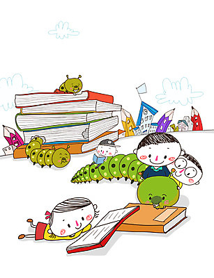 PSD 학생 여자 교육 남자 어린이 일러스트 학교 함께함 사람 여러명 건물 책 독서 연필 즐거움 애벌레 어린이만 국내일러스트 건축물 감정 다수 컨셉 학용품 필기구 벌레 파일형식