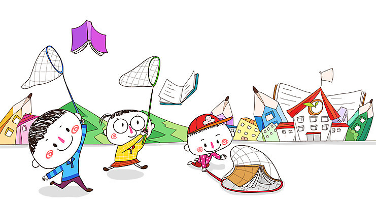 PSD 학생 여자 교육 남자 어린이 일러스트 학교 함께함 사람 건물 책 세명 연필 잡기 즐거움 채집망 어린이만 국내일러스트 건축물 감정 컨셉 모션 학용품 필기구 파일형식