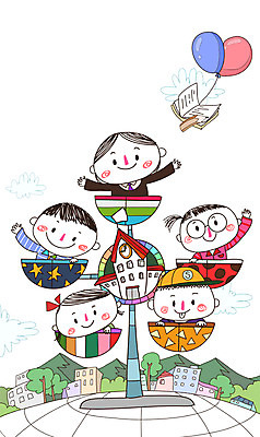 PSD 학생 여자 교육 남자 어린이 일러스트 학교 함께함 사람 여러명 건물 책 연필 놀이공원 즐거움 대관람차 풍선 어린이만 국내일러스트 건축물 감정 다수 컨셉 학용품 필기구 테마파크 놀이기구 파일형식