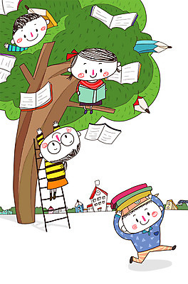PSD 나무 식물 학생 여자 교육 남자 어린이 일러스트 사다리 학교 함께함 사람 여러명 건물 책 독서 연필 즐거움 어린이만 국내일러스트 건축물 감정 다수 컨셉 학용품 필기구 도구 파일형식