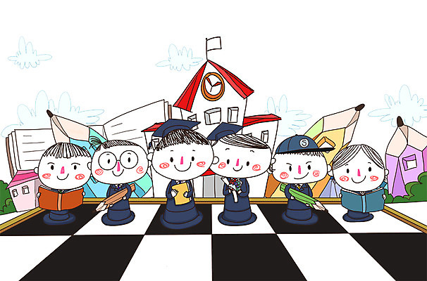 PSD 학생 여자 교육 남자 어린이 일러스트 학사모 졸업 학교 함께함 사람 여러명 건물 책 연필 체스말 체스 즐거움 체스판 어린이만 국내일러스트 모자_잡화 건축물 감정 다수 컨셉 놀이 학용품 필기구 말_게임 파일형식