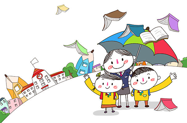 PSD 학생 여자 교육 남자 어린이 일러스트 우산 학교 함께함 사람 건물 책 세명 연필 교사 유치원 유치원생 즐거움 어린이만 국내일러스트 직업 건축물 감정 컨셉 학용품 필기구 파일형식