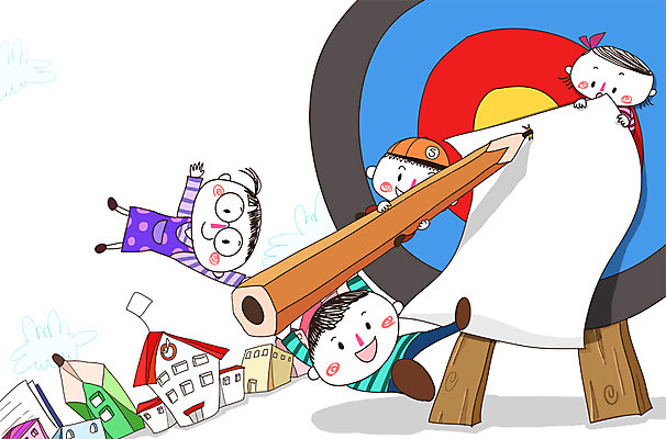 PSD 학생 여자 교육 남자 종이 어린이 일러스트 학교 함께함 사람 여러명 건물 책 연필 과녁판 명중 즐거움 어린이만 국내일러스트 건축물 감정 다수 컨셉 학용품 필기구 파일형식