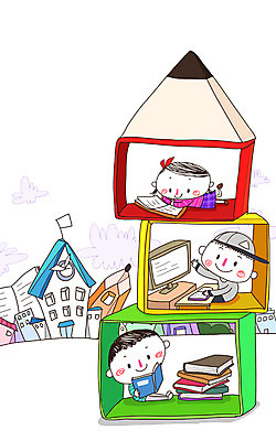 PSD 학생 여자 교육 남자 어린이 일러스트 학교 함께함 사람 건물 책 세명 컴퓨터 독서 연필 즐거움 온라인강의 어린이만 국내일러스트 건축물 감정 컨셉 학용품 전자제품 필기구 강의 파일형식 언택트