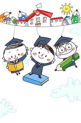PSD 학생 여자 교육 남자 어린이 일러스트 학사모 졸업 학교 함께함 매달리기 사람 건물 책 세명 독서 태양 연필 즐거움 어린이만 국내일러스트 자연요소 모자_잡화 건축물 감정 컨셉 모션 학용품 필기구 파일형식
