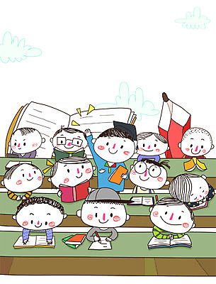 PSD 학생 여자 교육 남자 어린이 일러스트 교실 학교 수업 함께함 사람 여러명 건물 책 연필 발표 책상 즐거움 어린이만 국내일러스트 건축물 감정 가구 다수 컨셉 학용품 필기구 파일형식