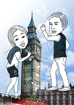 PSD 편집 편집이미지 여자 남자 여행 가방 포토일러 사람 성인 두명 관광지 여행객 카메라 빅벤 성인만 이미지편집 잡화 전자제품 시계탑 런던 파일형식