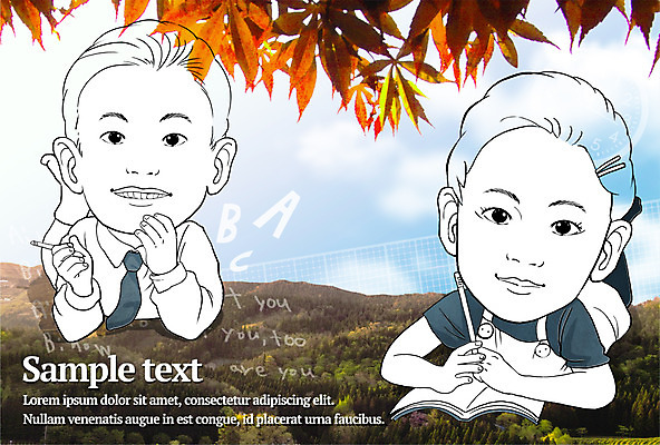 PSD 편집 편집이미지 계절 여자 남자 어린이 엎드리기 낙엽 포토일러 산 사람 풍경 두명 책 연필 가을 어린이만 이미지편집 잎 모션 학용품 필기구 파일형식