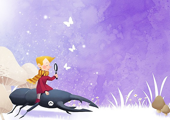 PSD 남자 어린이 나비 일러스트 돋보기 한명 사람 소년 버섯 관찰 체험학습 체험 풀 사슴벌레 소년한명만 국내일러스트 식물 1 곤충 컨셉 모션 남자한명만 소년만 파일형식