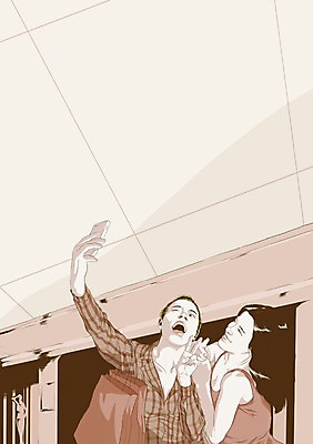 PSD 라이프스타일 여자 여유 백그라운드 일러스트 실내 사람 성인 두명 친구 스마트폰 쇼핑 쇼핑백 상점 셀프카메라 여자만 성인여자만 성인만 국내일러스트 감정 가방 관계 내부 생활 핸드폰 스마트기기 사진촬영 파일형식