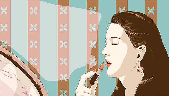 PSD 라이프스타일 여자 여유 백그라운드 일러스트 실내 한명 사람 성인 화장 뷰티 화장품 거울 립스틱 여자만 여자한명만 성인여자만 성인만 국내일러스트 1 감정 내부 생활 파일형식