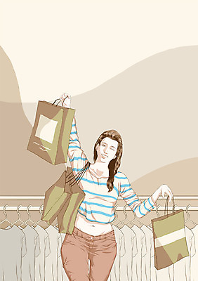 PSD 라이프스타일 옷 여자 여유 백그라운드 일러스트 실내 한명 사람 성인 쇼핑 쇼핑백 상점 옷걸이 여자만 여자한명만 성인여자만 성인만 국내일러스트 1 감정 가방 내부 생활 파일형식