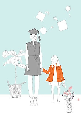 PSD 식물 우먼라이프 라이프스타일 여자 꽃 딸 화분 어린이 일러스트 학사모 졸업 모녀 엄마 졸업식 사람 성인 두명 손잡기 꽃병 여자만 국내일러스트 모자_잡화 교육 가족 모션 생활 파일형식