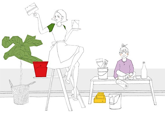 PSD 식물 우먼라이프 라이프스타일 여자 화분 어린이 일러스트 사다리 탁자 모녀 실내 사람 성인 두명 붓 페인트칠 페인트통 여자만 국내일러스트 딸 가구 가족 페인팅 엄마 통 내부 생활 페인트 도구 파일형식