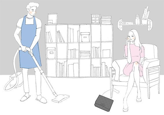 PSD 우먼라이프 라이프스타일 커플 여자 남자 가사 의자 가방 일러스트 책장 선반 실내 사람 성인 두명 스마트폰 앞치마 청소 통화 청소기 성인만 국내일러스트 잡화 가구 관계 모션 내부 생활 전자제품 핸드폰 스마트기기 청소도구 파일형식