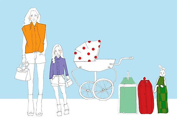 PSD 우먼라이프 라이프스타일 여자 어린이 인형 여행 가방 일러스트 모녀 사람 성인 두명 캐리어 유모차 여자만 국내일러스트 잡화 딸 가족 엄마 생활 여행가방 아기용품 파일형식