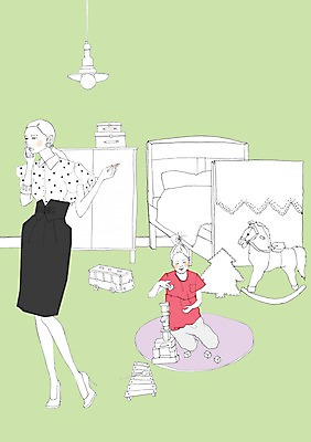 PSD 우먼라이프 라이프스타일 여자 어린이 일러스트 놀이 모녀 조명 실내 사람 성인 두명 장난감 방 침대 서랍장 통화 워킹맘 여자만 국내일러스트 딸 가구 가족 모션 엄마 내부 생활 비즈니스우먼 파일형식