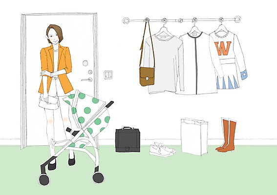 PSD 우먼라이프 라이프스타일 옷 여자 가방 일러스트 부츠 실내 한명 사람 성인 문 방 유모차 워킹맘 여자만 여자한명만 성인여자만 성인만 국내일러스트 1 잡화 신발 엄마 내부 생활 아기용품 비즈니스우먼 파일형식