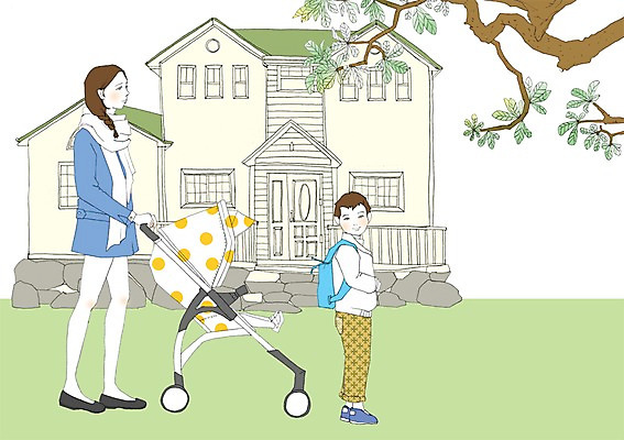 PSD 나무 식물 우먼라이프 라이프스타일 여자 남자 어린이 일러스트 주택 사람 성인 야외 산책 유모차 국내일러스트 모자관계 아들 가족 엄마 휴식 건물 생활 아기용품 파일형식