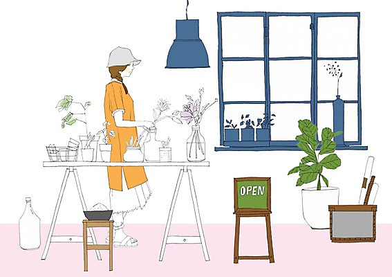 PSD 식물 우먼라이프 라이프스타일 여자 꽃 화분 일러스트 창문 탁자 조명 실내 한명 사람 성인 상점 꽃병 플로리스트 여자만 여자한명만 성인여자만 성인만 국내일러스트 직업 1 가구 내부 생활 파일형식