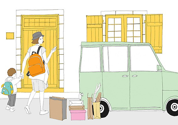 PSD 우먼라이프 라이프스타일 여자 남자 어린이 가방 일러스트 창문 자동차 주택 사람 성인 두명 쇼핑백 문 손잡기 귀가 집앞 국내일러스트 모자관계 잡화 아들 육상교통 가족 모션 엄마 건물 생활 파일형식