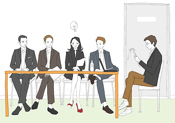 PSD 우먼라이프 라이프스타일 여자 남자 의자 일러스트 전구 회의 아이디어 사람 여러명 성인 문 비즈니스맨 비즈니스우먼 작업실 책상 성인만 국내일러스트 가구 다수 컨셉 비즈니스 생활 직장인 파일형식