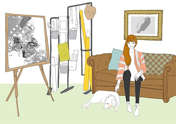 PSD 우먼라이프 라이프스타일 여자 액자 일러스트 실내 한명 사람 성인 반려동물 소파 붓 팔레트 강아지 이젤 그림 화가 여자만 여자한명만 성인여자만 성인만 국내일러스트 동물 직업 1 의자 내부 생활 미술도구 개 파일형식
